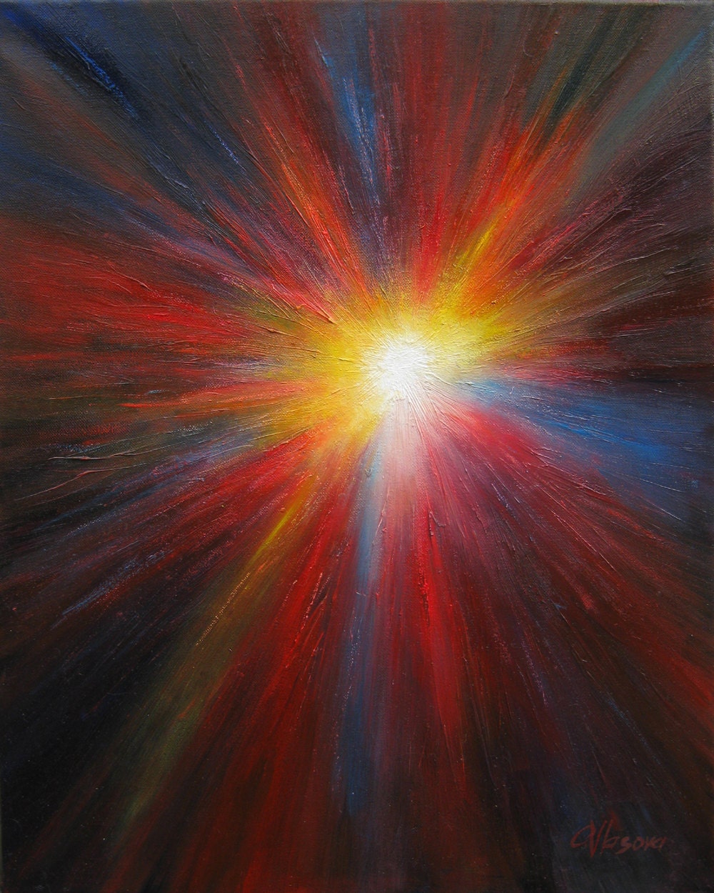 Abstract art print, astral image in black, red, blue and yellow