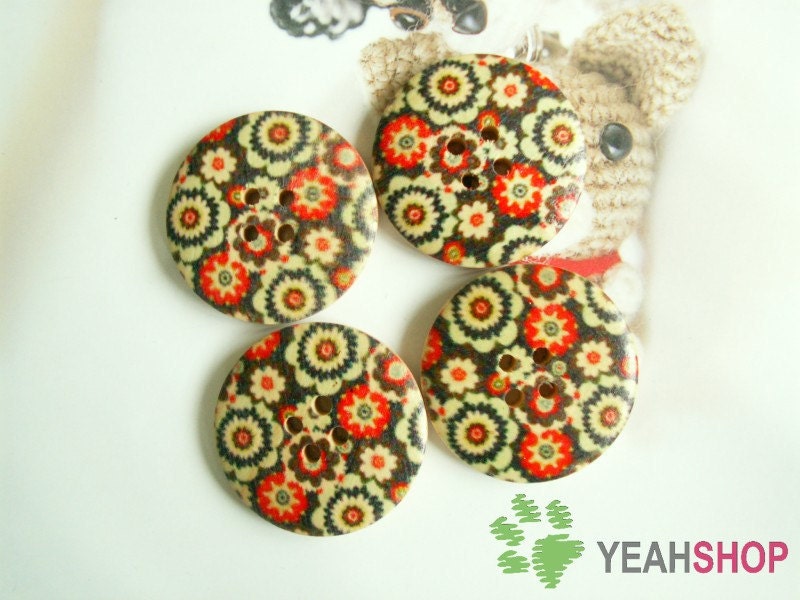 Floral Wooden Buttons - 30mm - 5 PCS (WBT30-15)