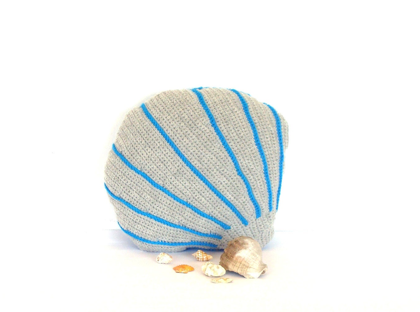 Sea shell decorative pillow, aqua blue and gray decor, sofa pillow, crochet sea shell cushion, stuffed