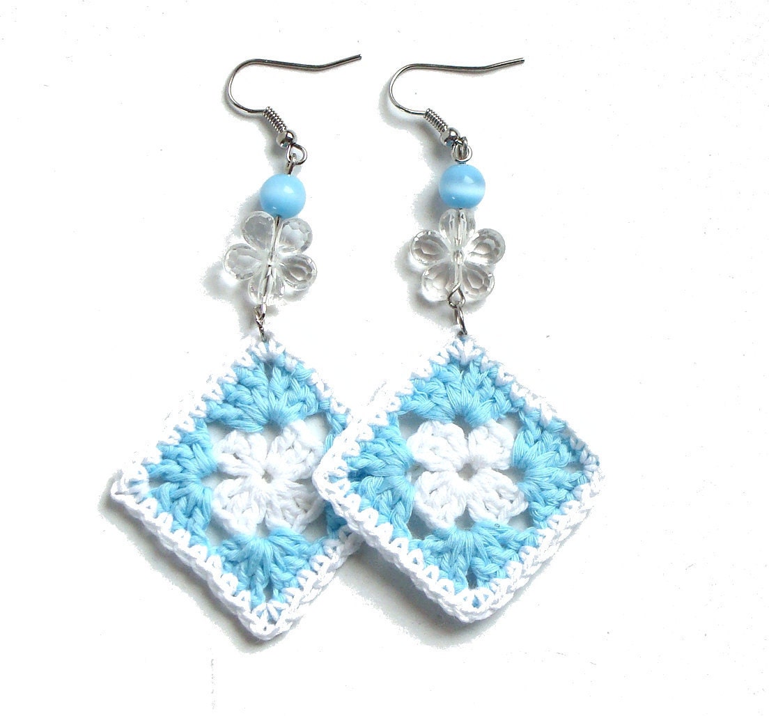 Aqua blue and white crochet square earrings - crochet accessories, beaded