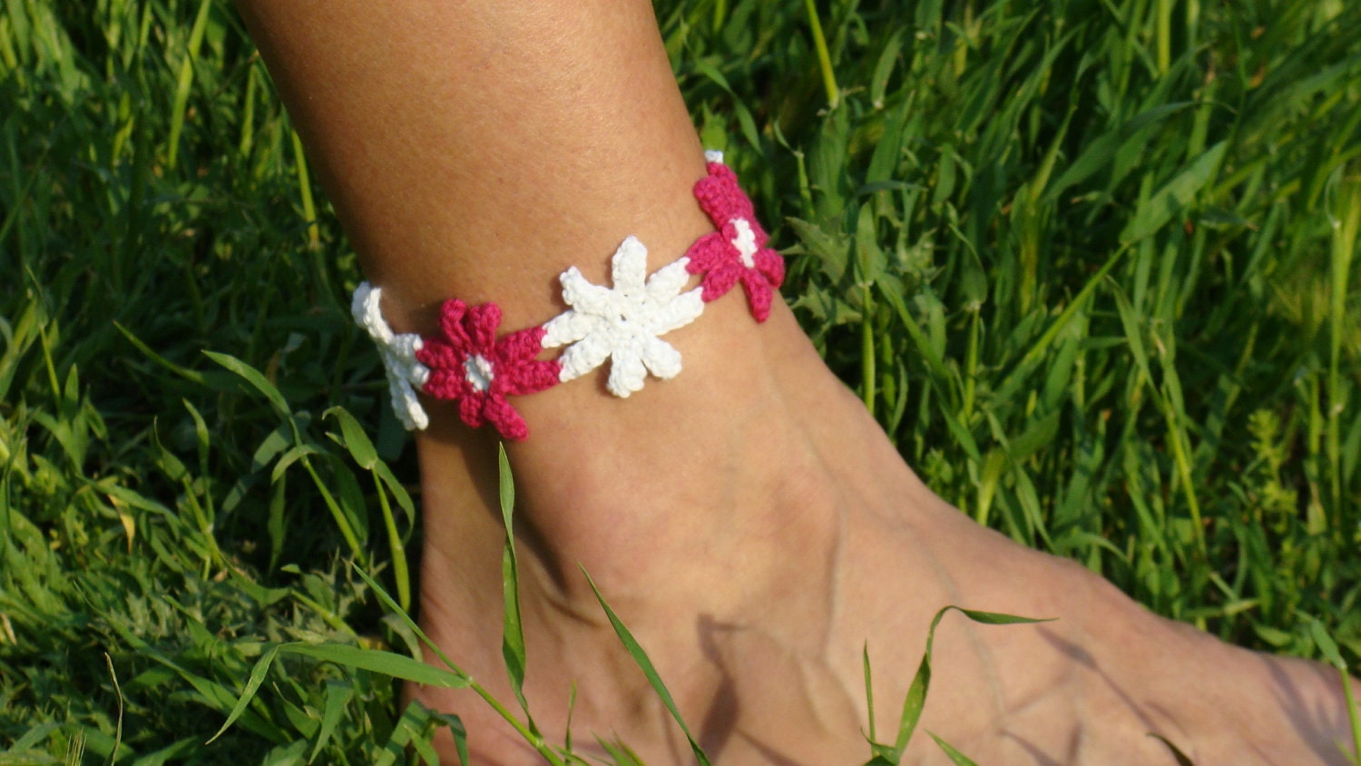 Crochet anklet bracelet flowers barefoot jewelry