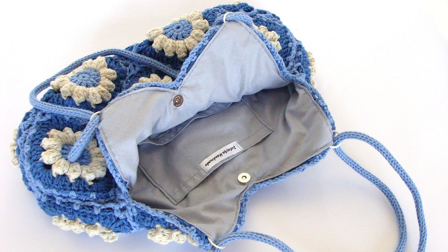 Granny crochet handbag in blue and cream flowers, crochet bag, shoulder bag, purse