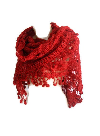 women fashion shawl, Hand crocheted Shawl, red shawl, wrap, stole, unique, for her