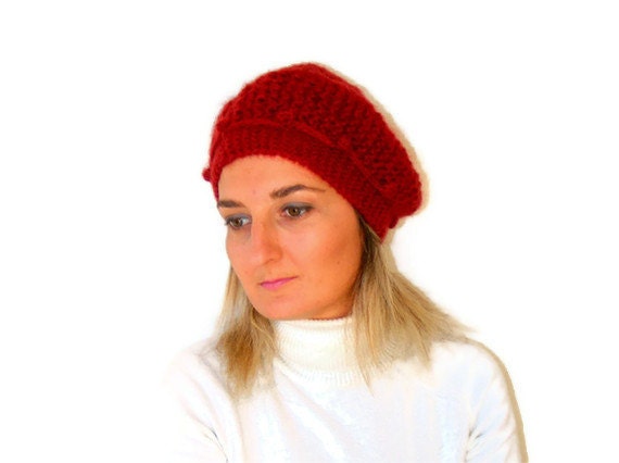 women hand crocheted hat,  red, crochet women accessory - hat beanie, winter trends, fashion, crochet trends, mohair hat, for her