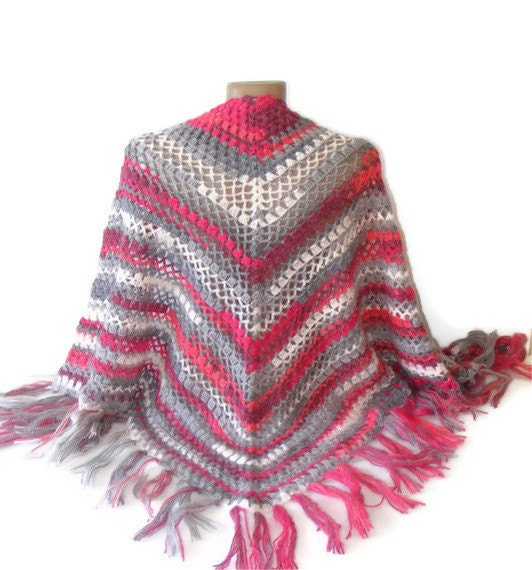 hand crocheted shawl, pink and gray, 2013 spring trends, women shawl, winter trends,fashion accessory,for her