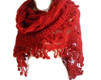 women fashion shawl, Hand crocheted Shawl, red shawl, wrap, stole, unique, for her