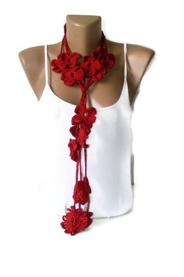 Valentines day,Crochet Red Flower Lariat Scarf,Fashion Flower Scarves,Necklace,crocheted scarves