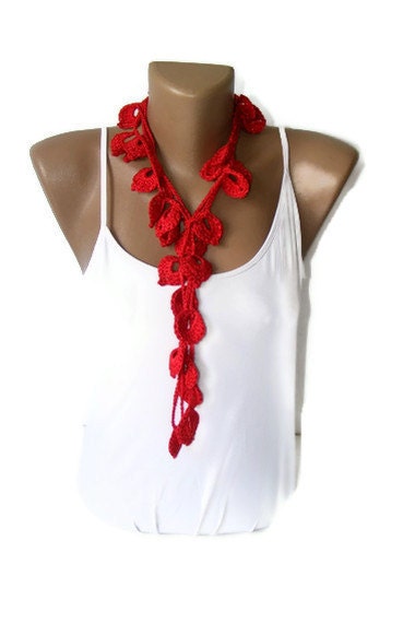 fashion Red leaves Hand Crochet Lariat Scarf,fashion accessories ,for her,gifts idea,crochet necklace,summertime