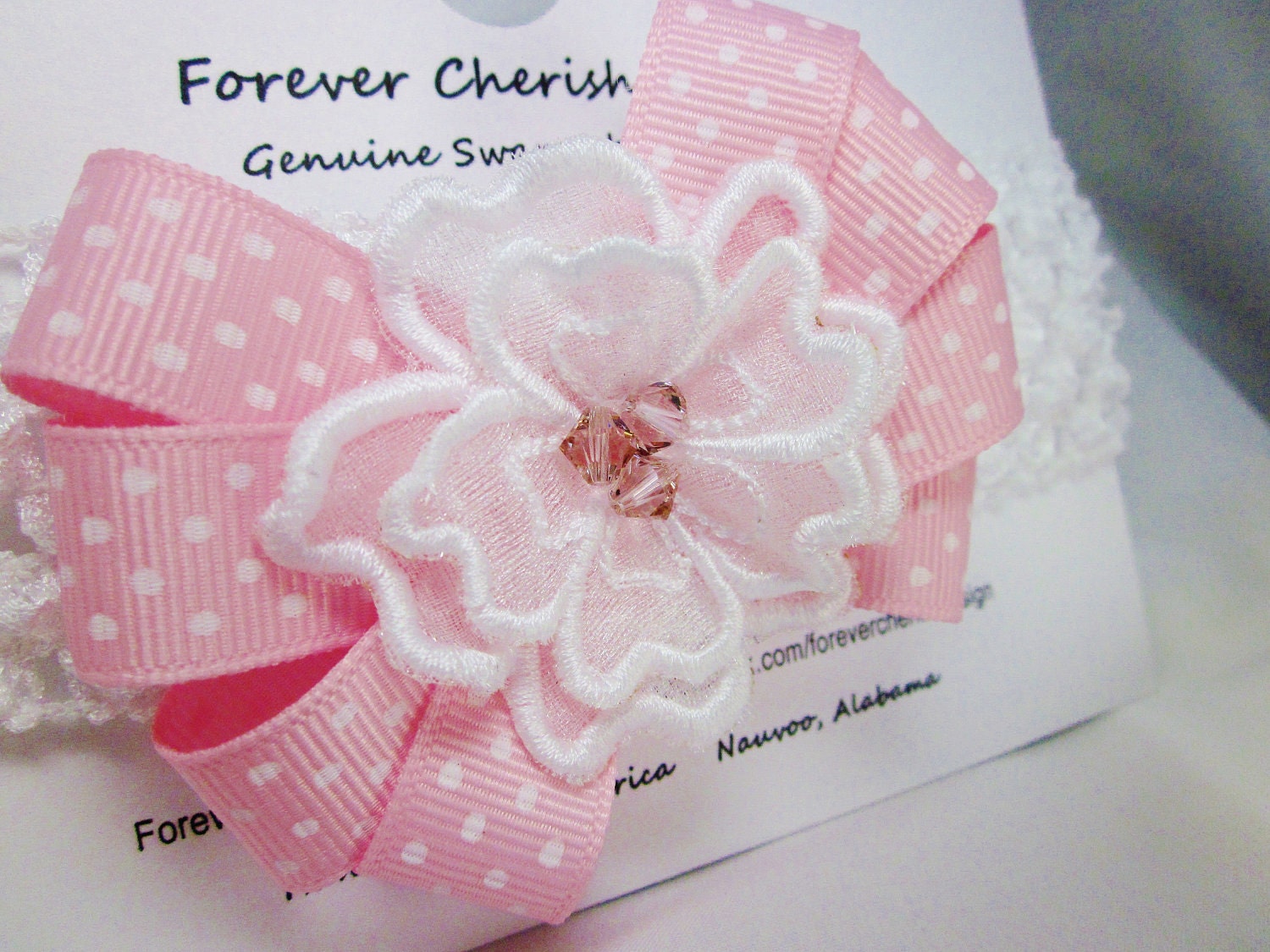 Pink Baby Hair Bow Headband Polka Dot Swarovski Crystals Embroidered Organza Flower Girl
