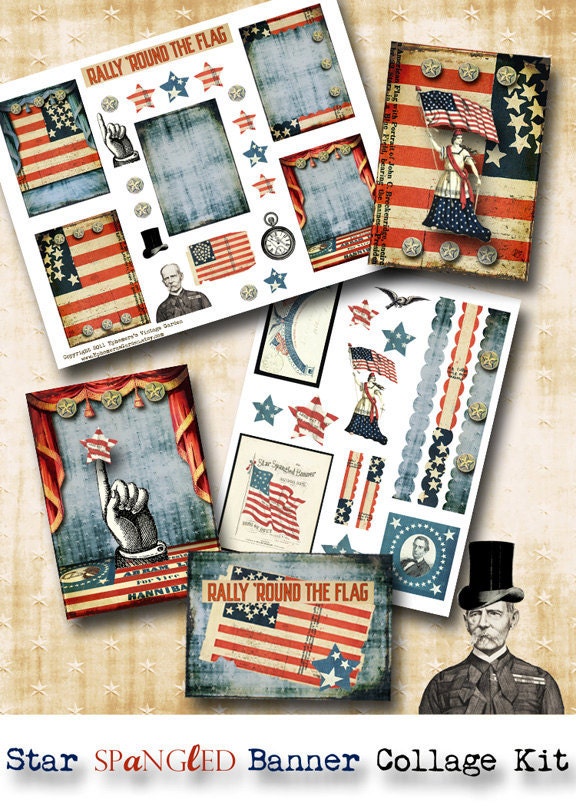 Star Spangled Banner Collage Art Kit - Digital Collage Sheet Set - patriotic red white and blue flag 4th of july
