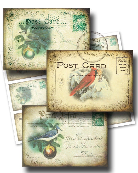 Vintage Christmas Birds ATC/Hang Tags - Digital Collage Sheet