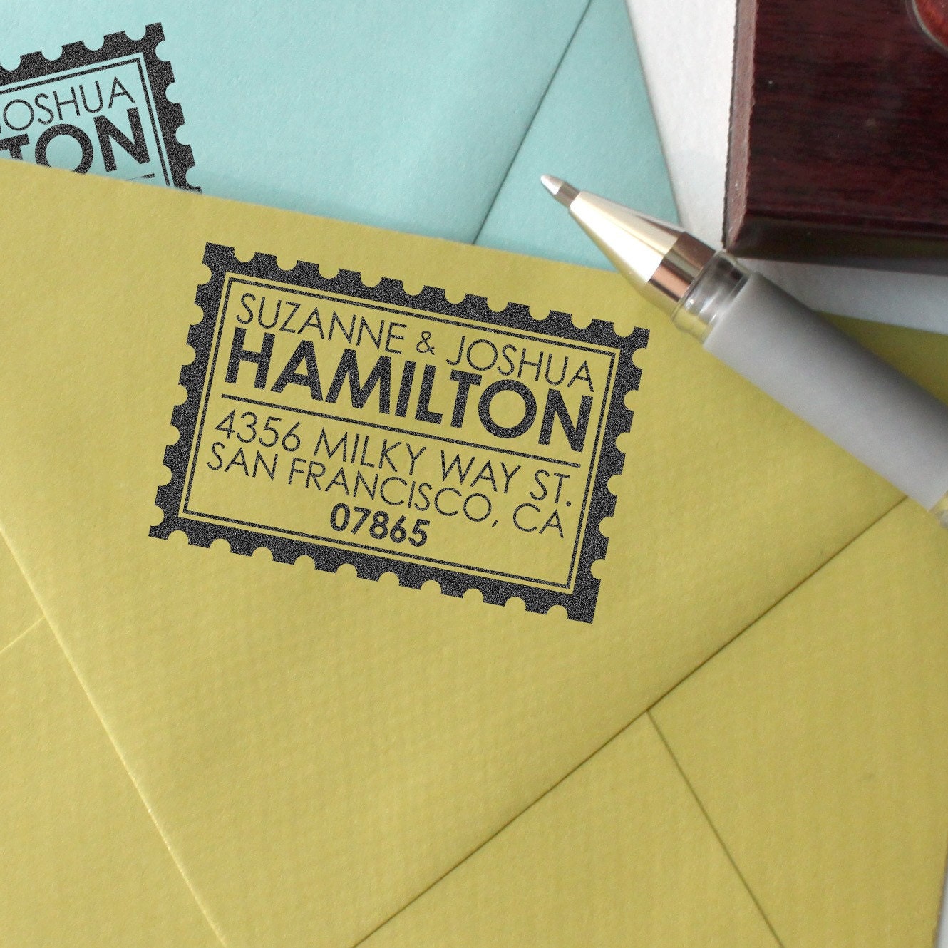 Custom return address stamp POSTAGE STAMP DESIGN with  wood handle