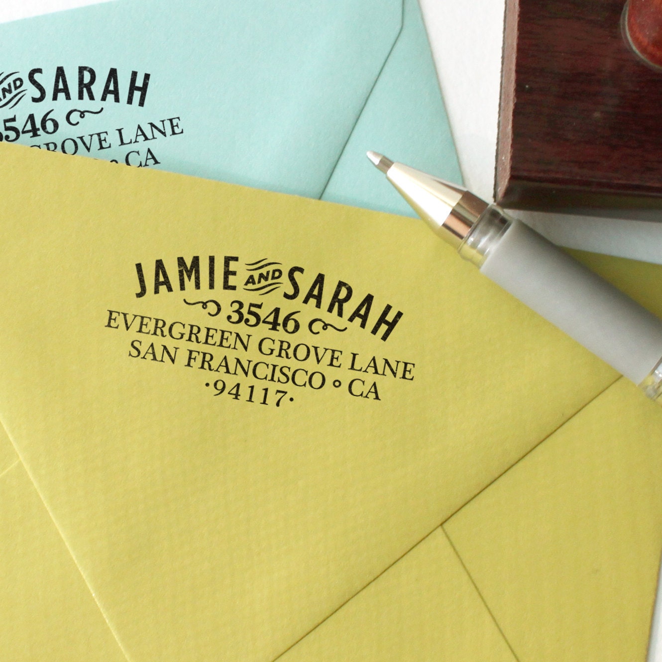 Custom return address stamp WOOD TYPE DESIGN with wood handle