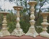 On Sale....Shabby Cottage Antiqued and Distressed Antique White Mixture of 4 Candle Holders-Varied Heights and Sizes