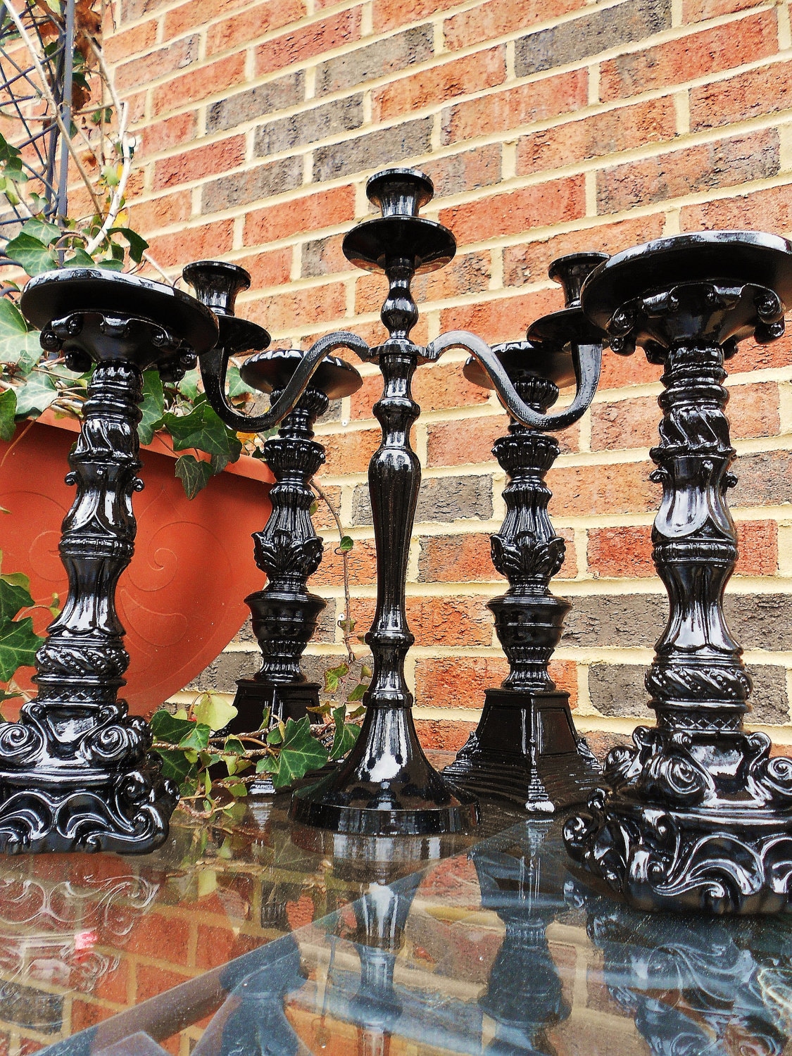 Fabulous Black Gloss Candleabra mixture...Set includes 4 Pillar Candle holders plus 1 Candleabra