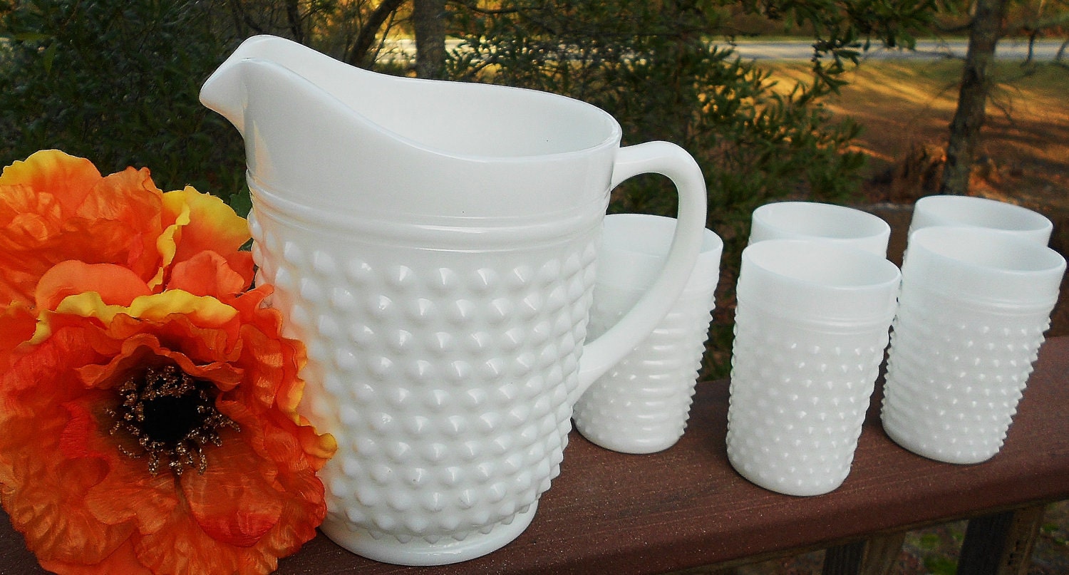ON SALE.... Vintage Milk Glass Hobnail Pitcher and matching tumblers-Mint Condition