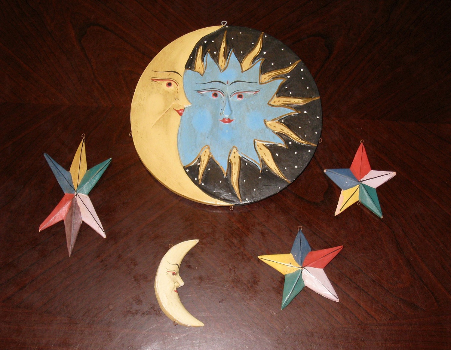 Primitive Mexican Folk Art Sun, Moon, Stars - Wooden Hand Painted Vintage - Celestial/ Cantina/ Garden/ Restaurant Decor
