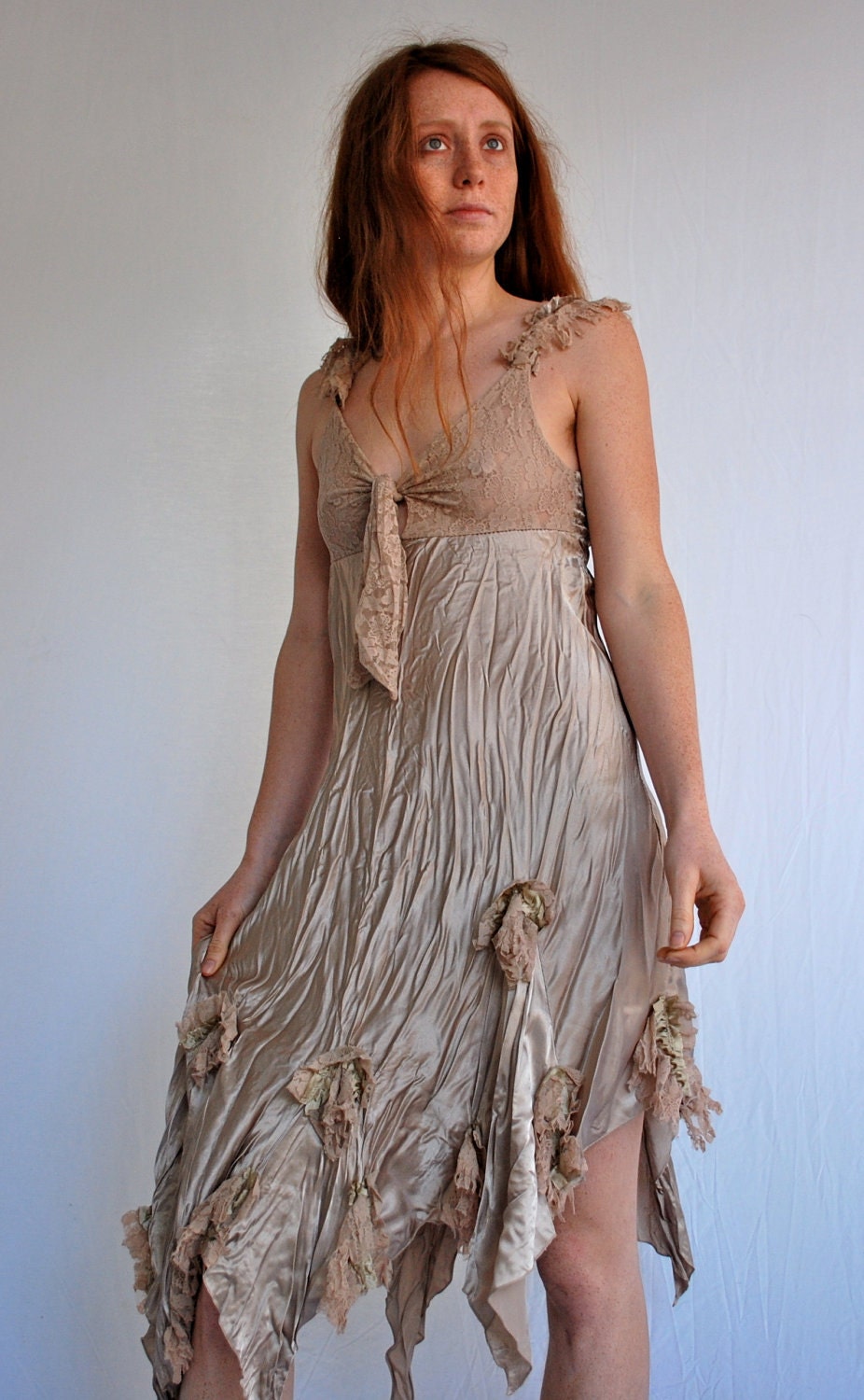 Designer Champagne LACE Satin Dreamy Fairieality Dress Made in Italy