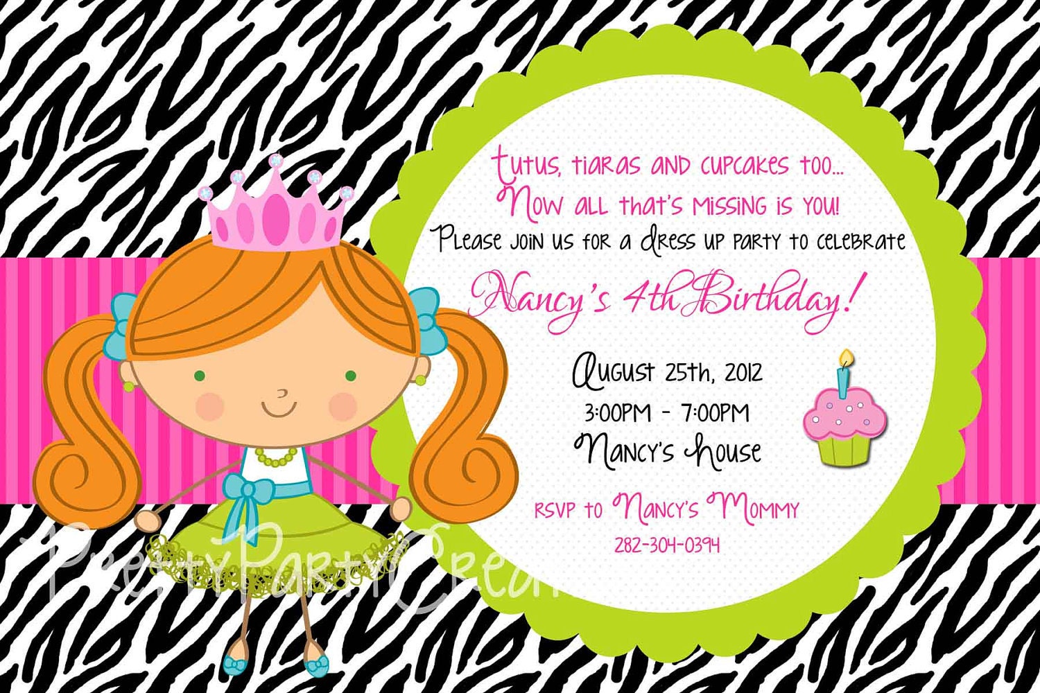 Zebra print TUTUs and TIARAs dress up birthday invitation - YOU print - 5 to choose