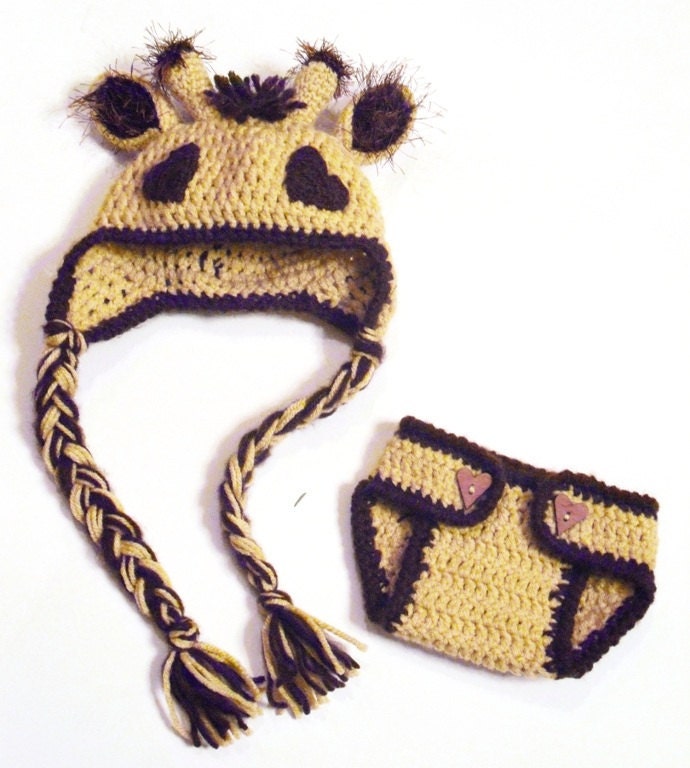 Delightfully Adorable Crochet Giraffe Earflap Hat and Diaper Cover Set - Newborn to 6 Months