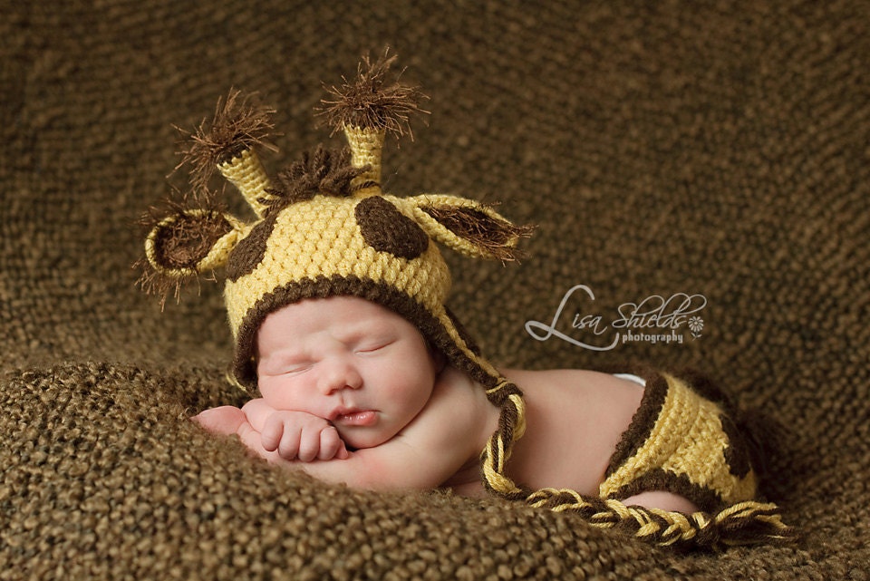 Delightfully Adorable Crochet Giraffe Earflap Hat and Diaper Cover Set - Newborn to 6 Months