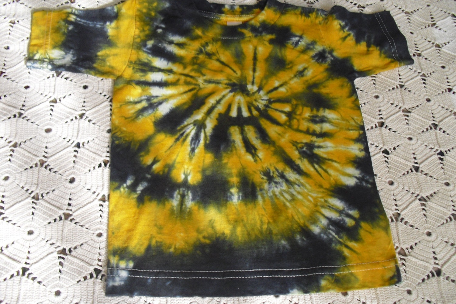 CLEARANCE SALE Tie dye 3 Toddler shirt spiraled in gold, banana yellow and black DISCOUNTED
