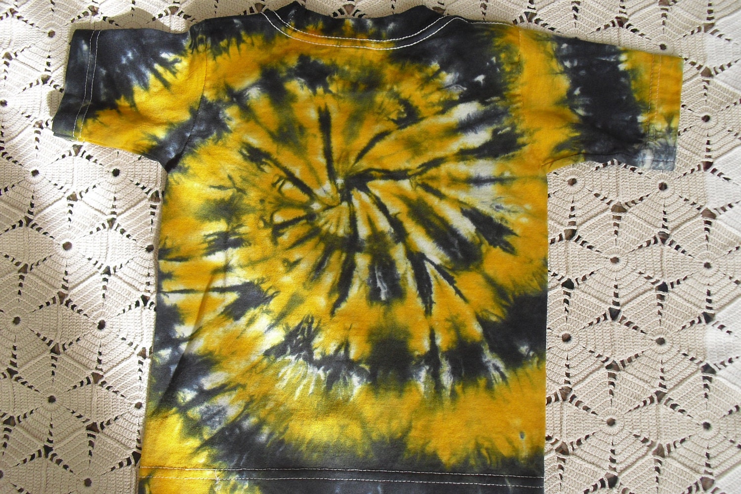 CLEARANCE SALE Tie dye 3 Toddler shirt spiraled in gold, banana yellow and black DISCOUNTED