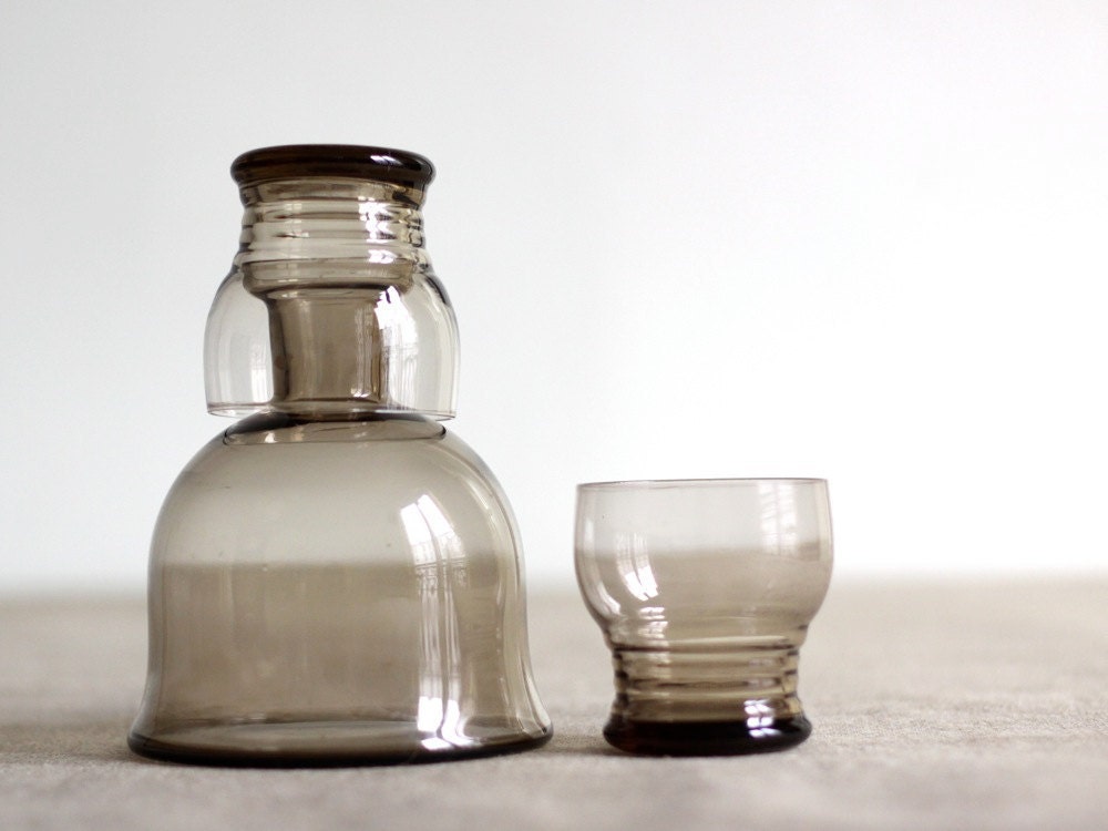 Belgian Glass Decanter with two glasses smokey gray glass with a hint of amber