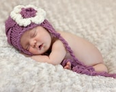 Newborn Baby Girl Hat  - Knit Baby Hat With Flower - Knit Newborn Hat