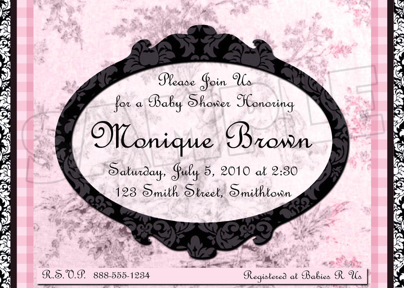 Pink black toile damask gingham baby shower invitation or announcement