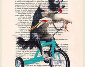 Doggy on blue bicycle-ORIGINAL ARTWORK Hand Painted Mixed Media-Original Illustration-Cicus-Artist-Acrobat-Tour de France-Typography