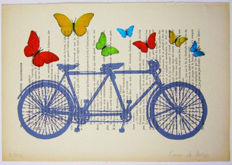Butterflies around vintage bicycle -Original Illustration-Art Print-Art Poster- Hand Painting Mixed Media- French 1920 Vintage Paper