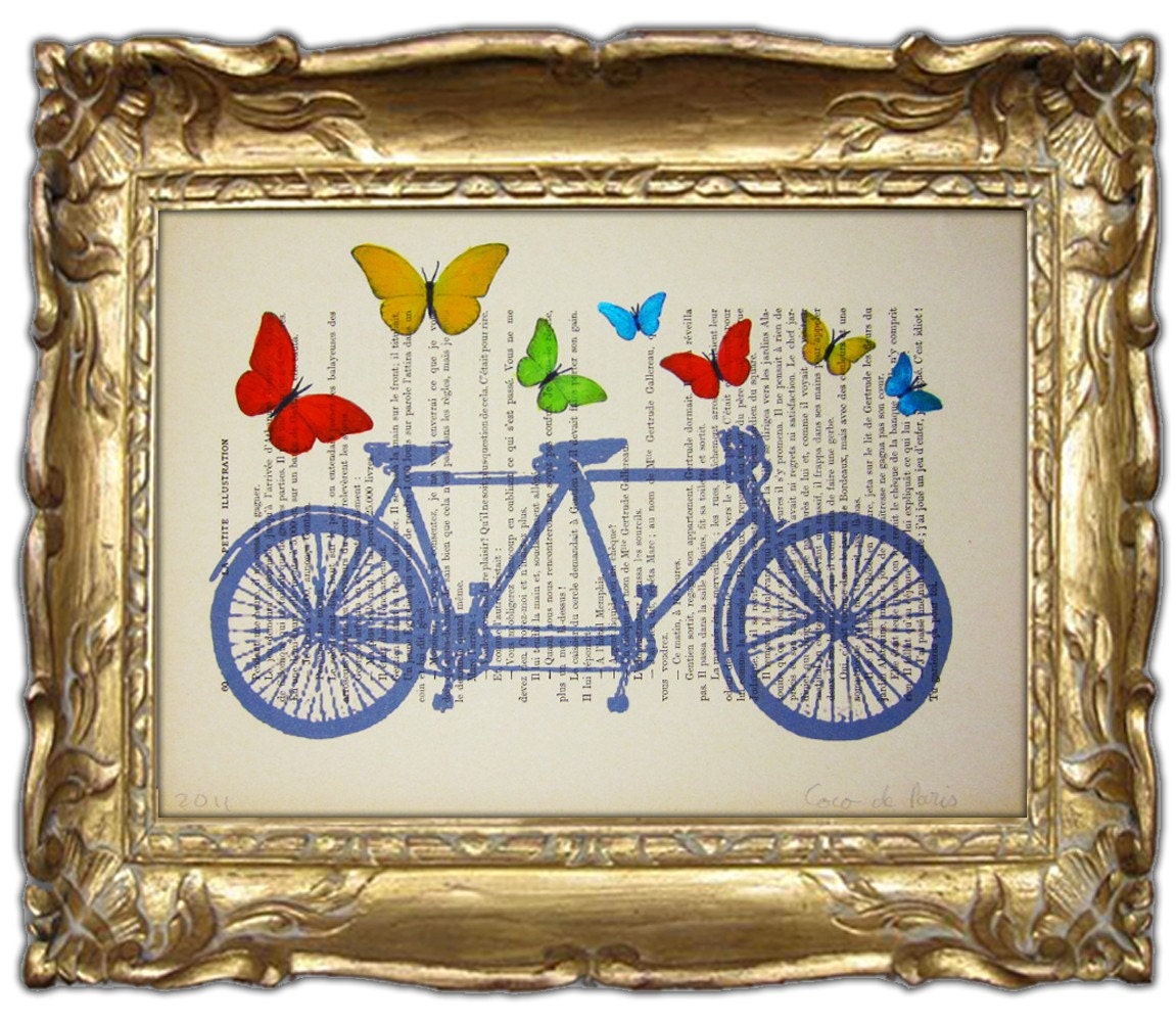 Butterflies around vintage bicycle -Original Illustration-Art Print-Art Poster- Hand Painting Mixed Media- French 1920 Vintage Paper