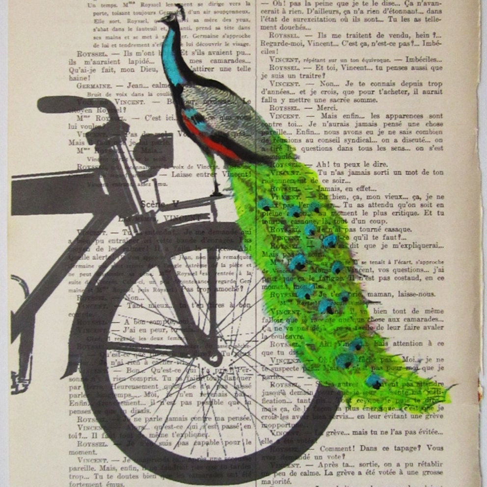 Peacock on black bicycle - Original Illustration-Art Print-Art Poster- Hand Painting Mixed Media- French 1920 Vintage Paper