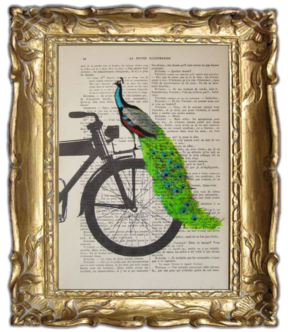 Peacock on black bicycle - Original Illustration-Art Print-Art Poster- Hand Painting Mixed Media- French 1920 Vintage Paper