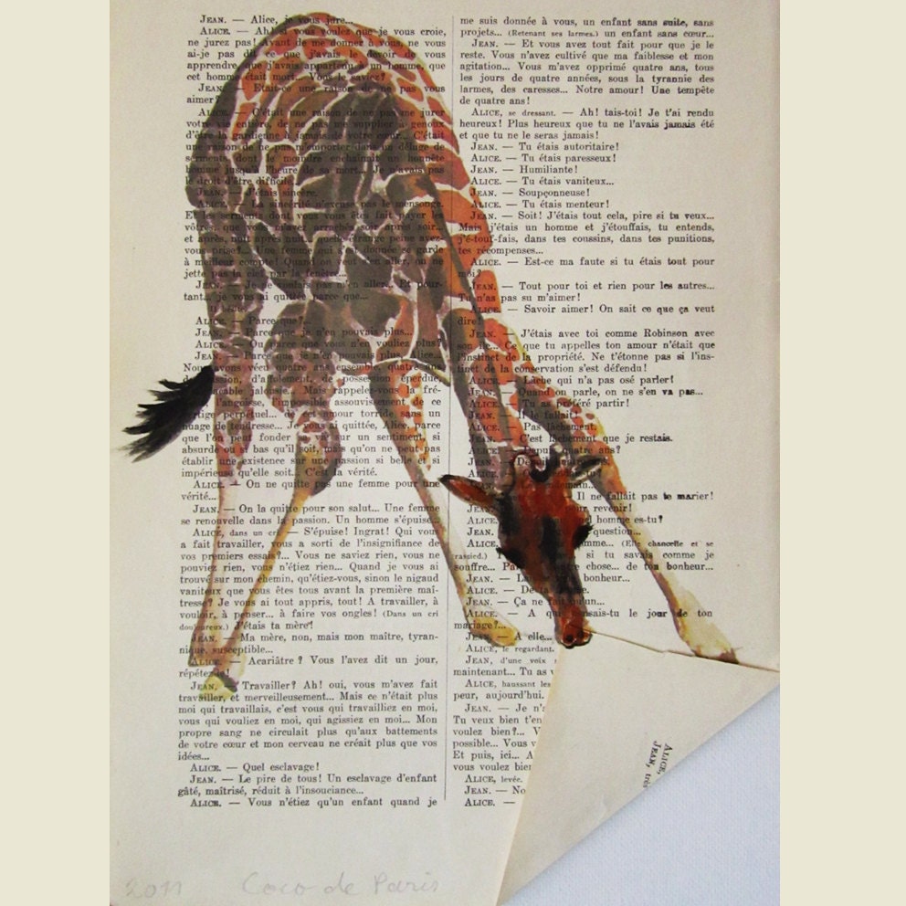 Giraffe folding a paper- ORIGINAL ARTWORK Hand Painted Mixed Media on 1920 famous Parisien Magazine 'La Petit Illustration'