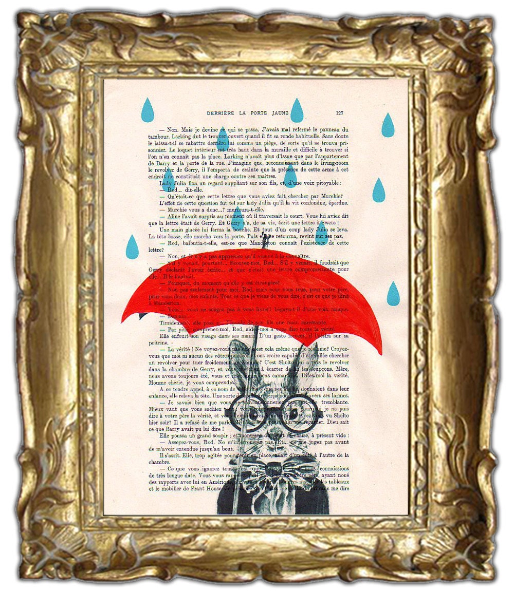 Raining Rabbit - Original Illustration-Art Print-Art Poster- Hand Painting Mixed Media- French 1920 Vintage Paper