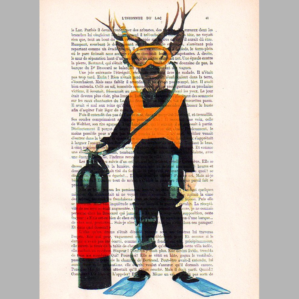 Diver deer - ORIGINAL ARTWORK Hand Painted Mixed Media on 1920 famous Parisien Magazine 'La Petit Illustration' xyz