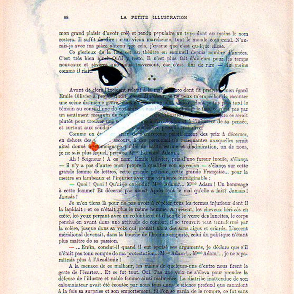 Smoking ostrich-ORIGINAL ARTWORK Hand Painted Mixed Media-Original Illustration-Antique paper-Africa-Nature-Safari-Zoo