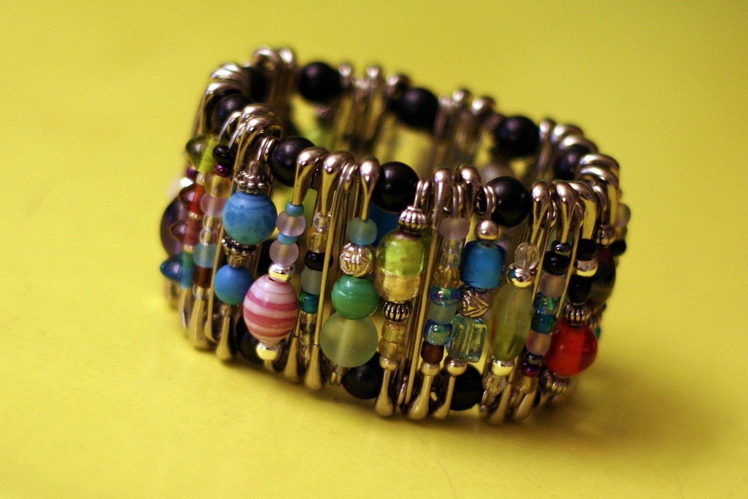 Bead Soup Pinlet. safety pin bracelet, glass beaded, multi color, cuff