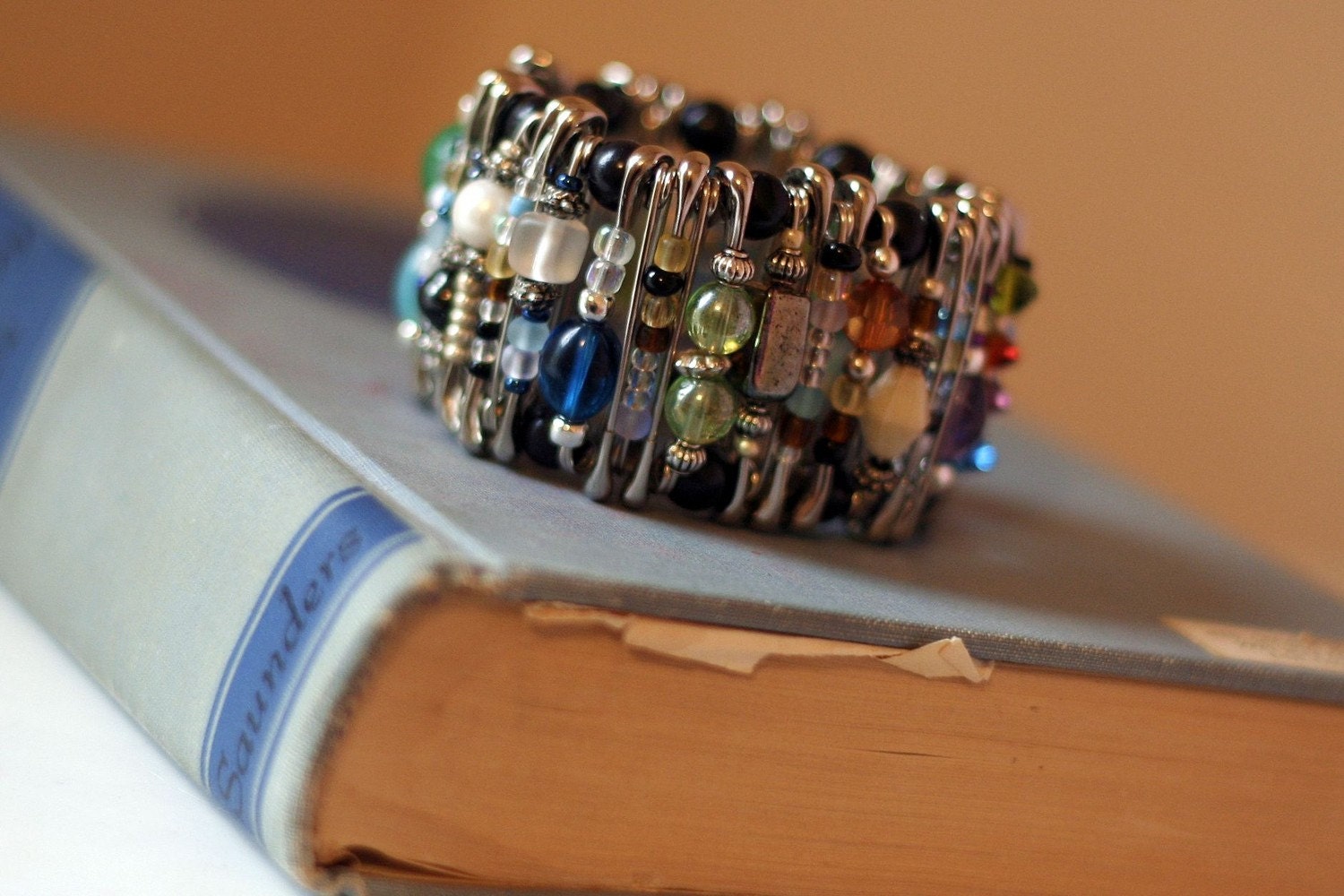 Bead Soup Pinlet. safety pin bracelet, glass beaded, multi color, cuff