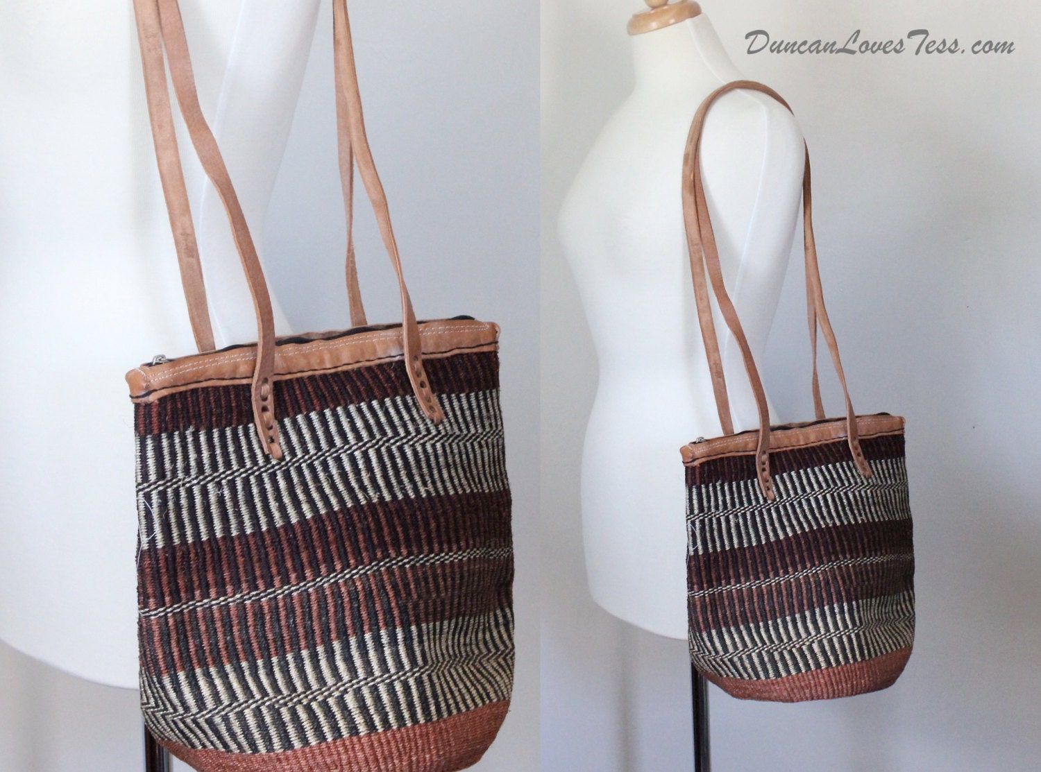 Market Bag / 1970s Ikat Tote / Straw Rafia Leather / Boho Hippie