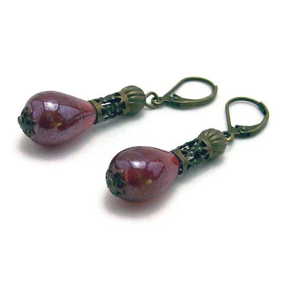 Raspberry Glass and Antique Brass Filigree Earrings