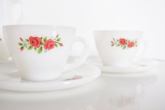 Fire King Cup and Saucer - Rose Pattern