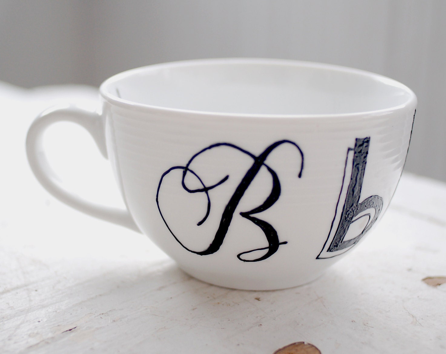 personalized valentine monogrammed tea cup/coffee mug - custom black and white bold fonts - hand painted design