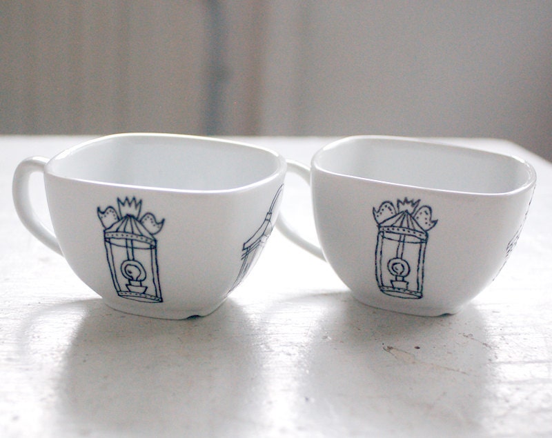 pair of new orleans light fixture tea cups - black and white porcelain mug - hand drawn illustration set of two (2)