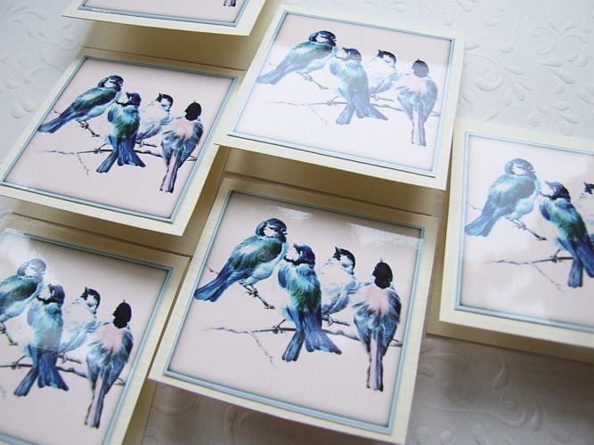 mini note lovely blue birds cards with a vintage graphic - perfect for every occasion - set of 6