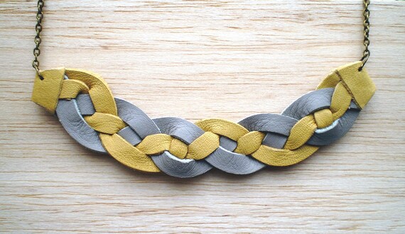 4 braided yellow and grey leather strips by iuliachifelea on Etsy