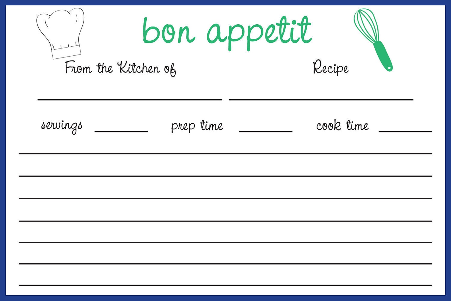 Bon Appetit Custom Recipe Cards with Chef Hat and Whisk