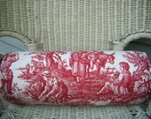 Bolster Pillow in a Beautiful Red Toile with Matching Welted Trim